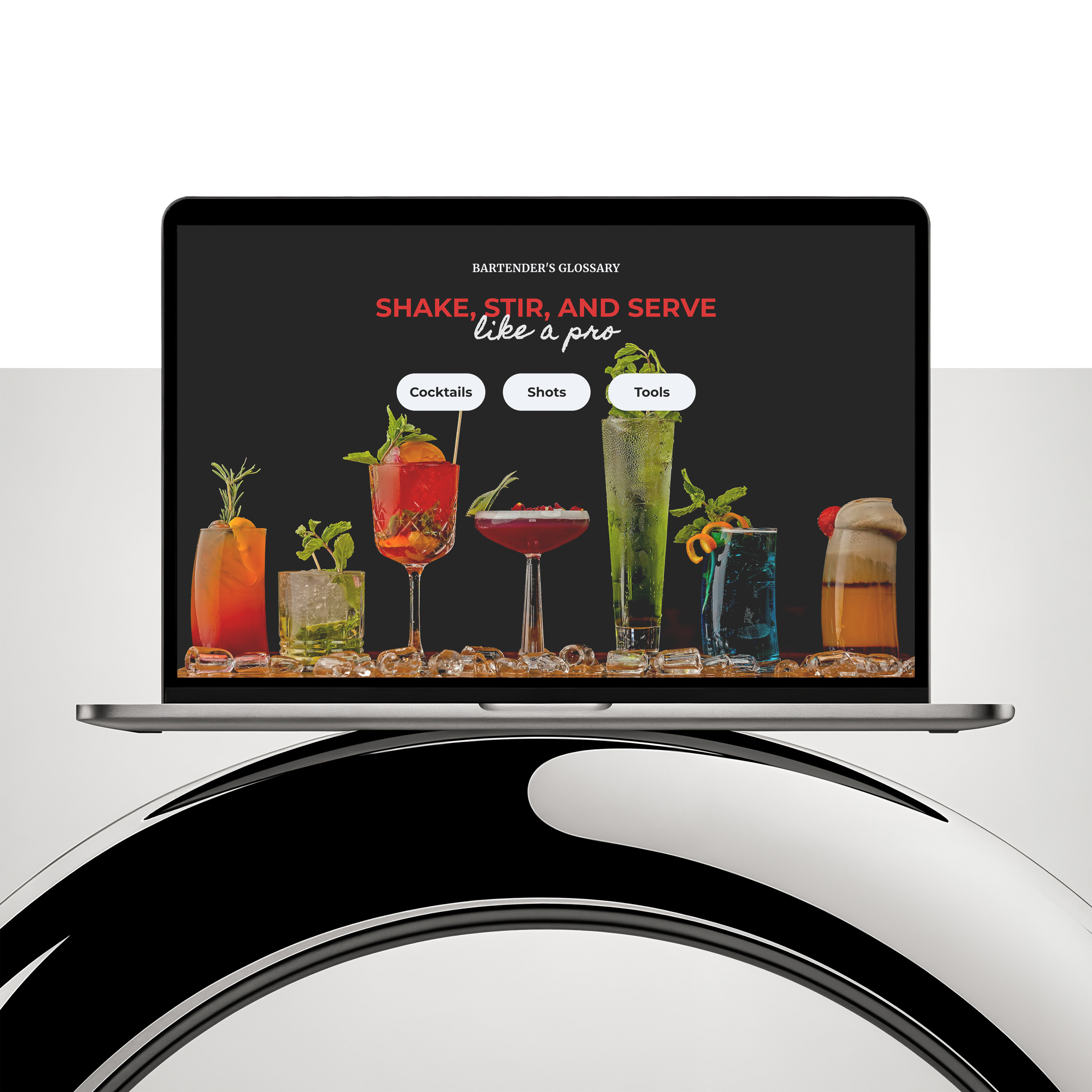 A conceptual bartending website shown on a laptop screen
